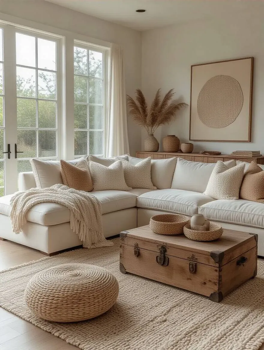 A comfortable and functional boho living room featuring a plush sectional sofa, woven storage baskets, and a vintage trunk coffee table under soft natural light.