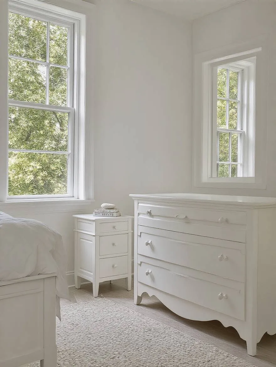 Pristine white bedroom surfaces with durable finishes and easy-clean textiles