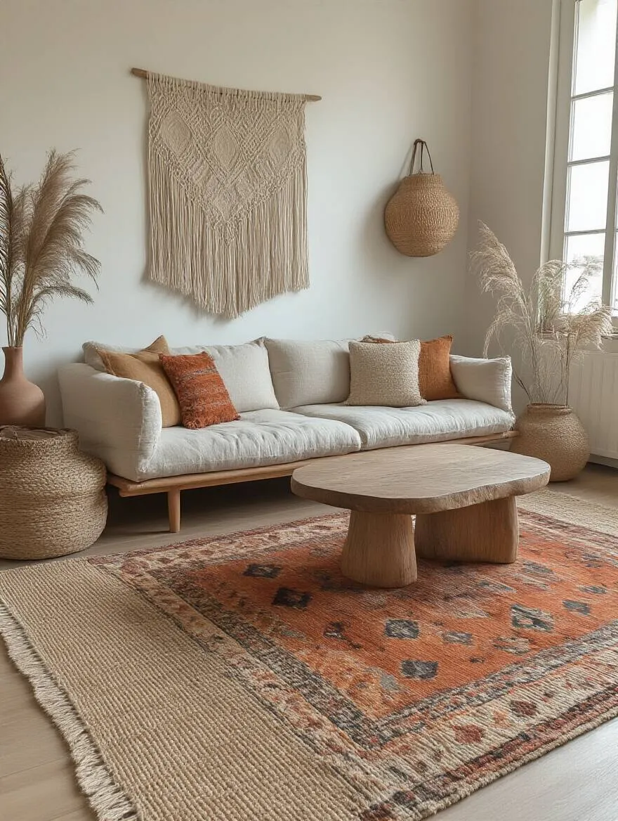 A cozy bohemian living room featuring layered rugs. A large natural fiber rug forms the base, topped with a smaller, colorful patterned accent rug, creating rich texture and defining the seating area around a light sofa.