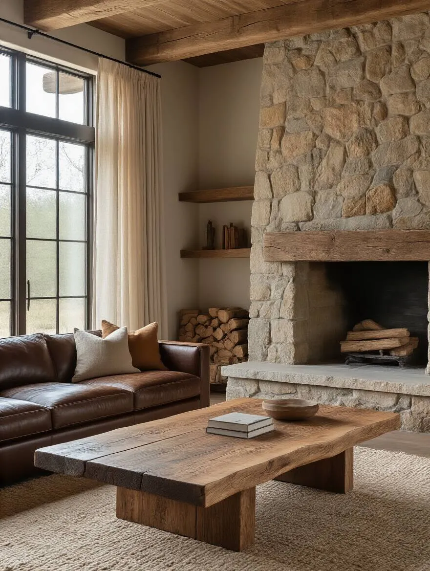 Rustic living room with reclaimed wood, stone, leather, and linen textures