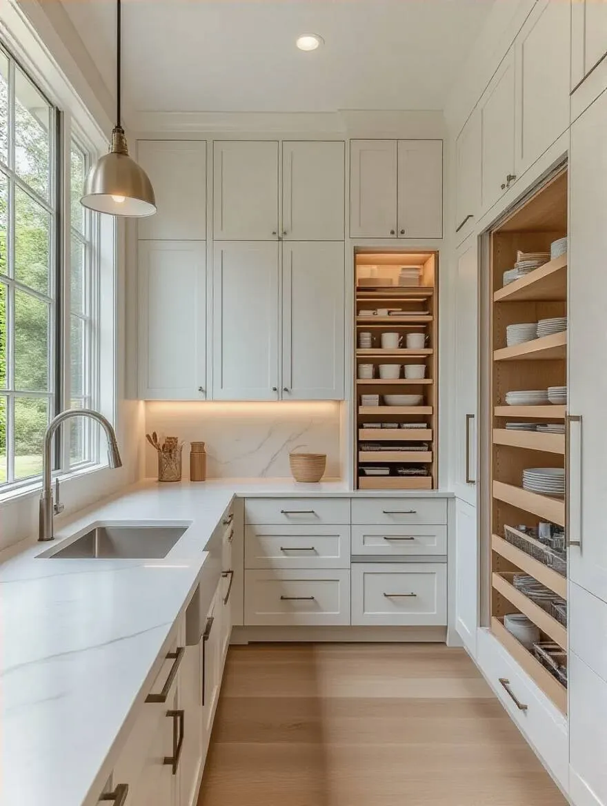 Portrait of a modern kitchen with floor-to-ceiling smart storage and integrated organizers, no people.