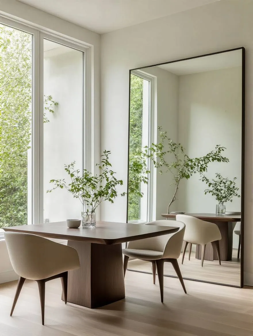 Large frameless mirror reflecting natural light, green foliage, and an elegant contemporary dining room, enhancing visual openness and perceived space.