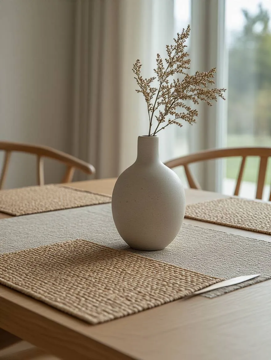 Contemporary dining room table with fresh sculptural plant centerpiece, new woven placemats, and a geometric table runner, showcasing small periodic updates for a current look.