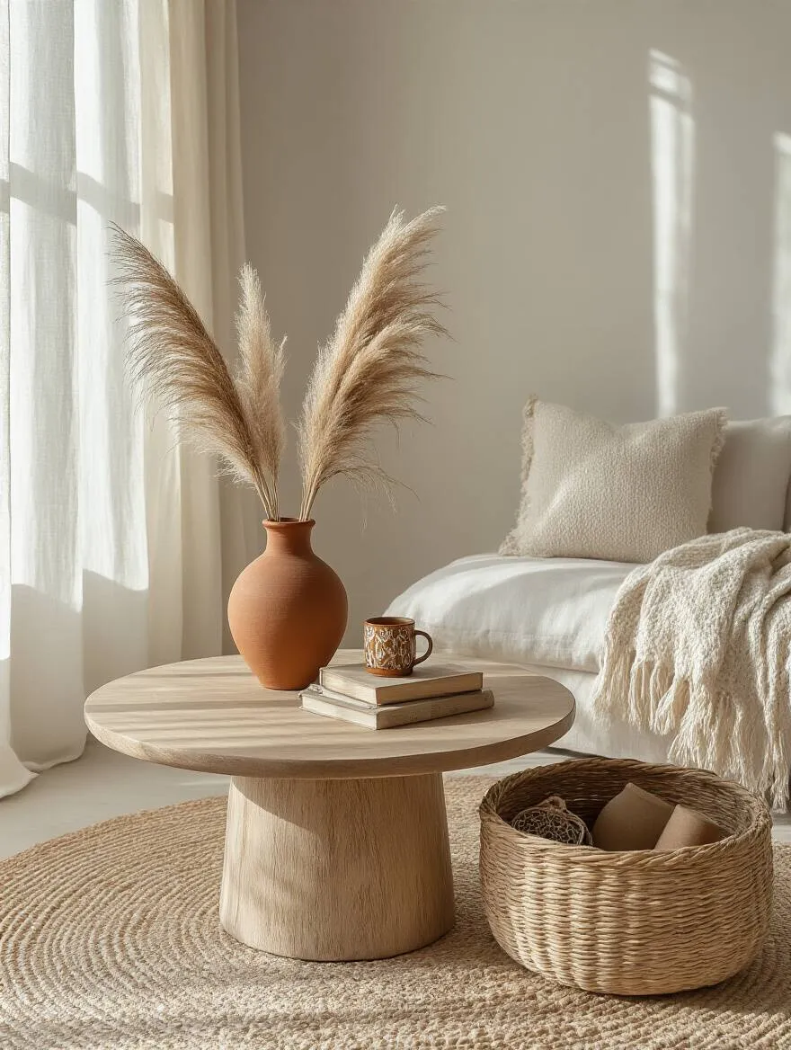 A serene, decluttered boho living room showcasing a natural woven basket for organization, enhancing the calm and cohesive bohemian aesthetic.