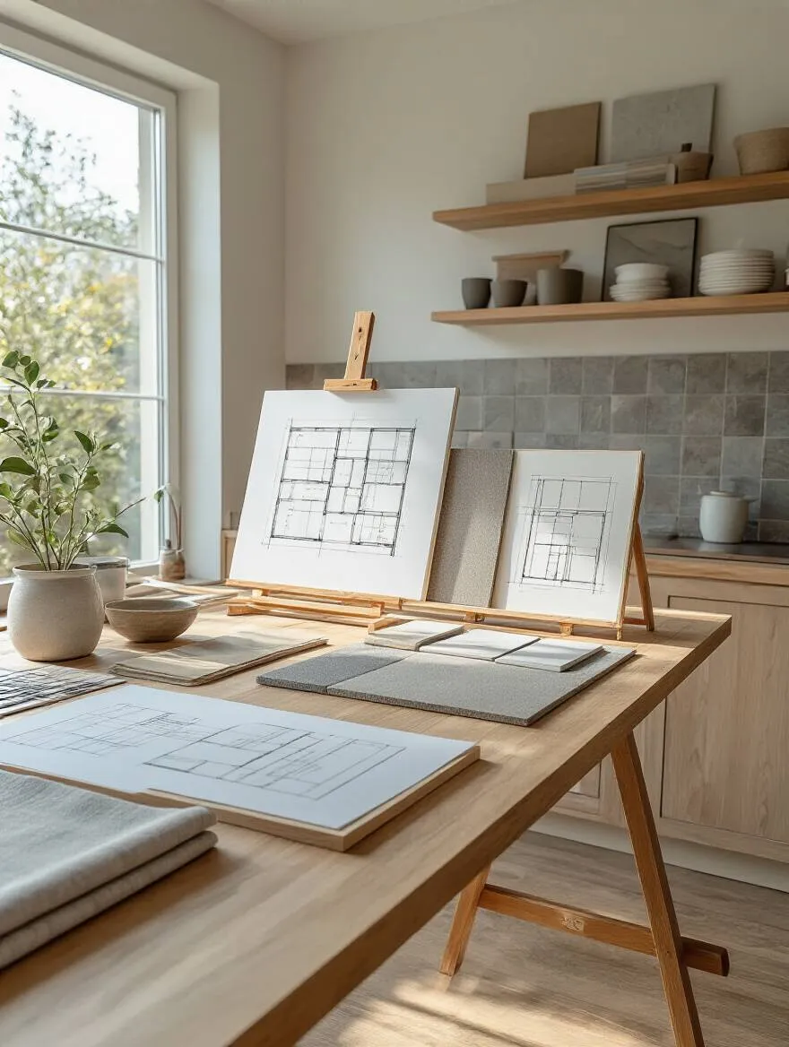 Portrait of a modern kitchen design planning space with mood boards and material samples