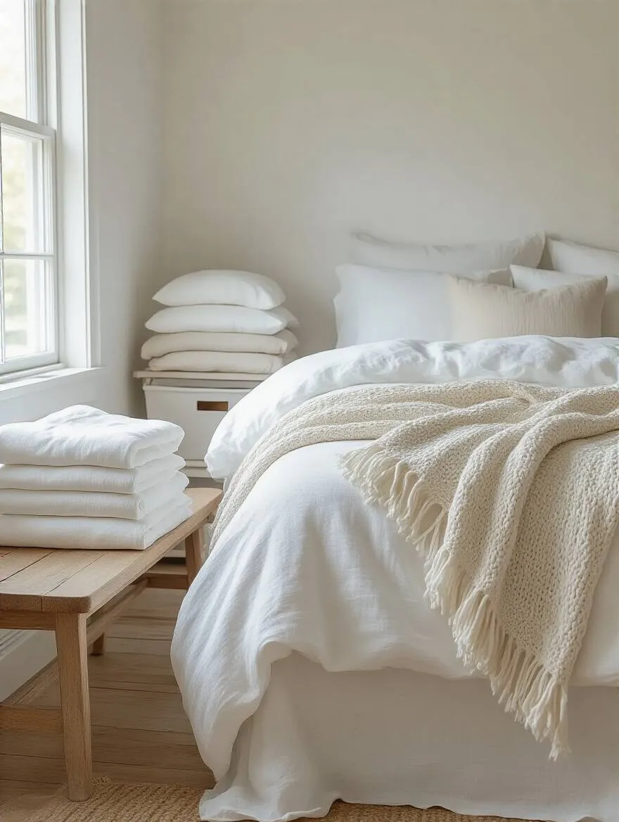 Portrait of a white bedroom with layered textiles and seasonal rotation.