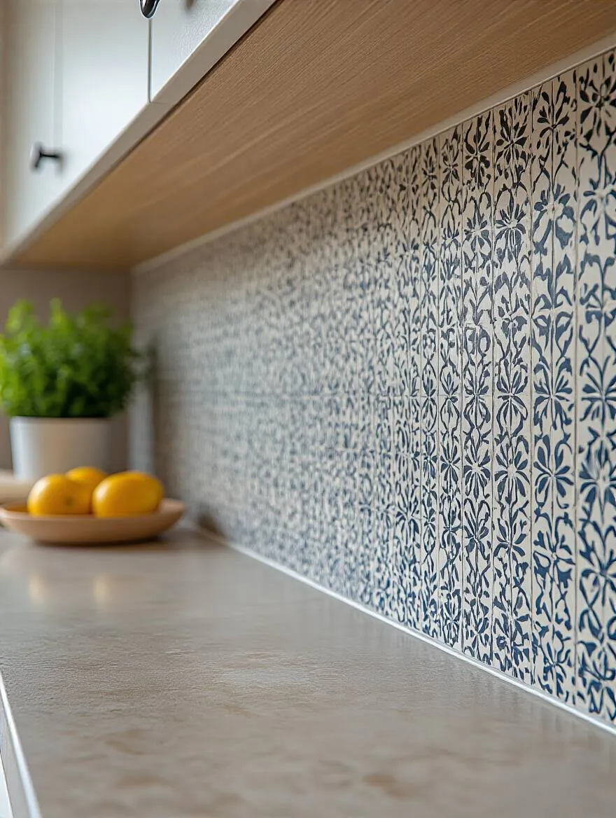 Close-up of clear silicone sealant applied to a kitchen wallpaper seam, protecting it from moisture and grease, professional shot.