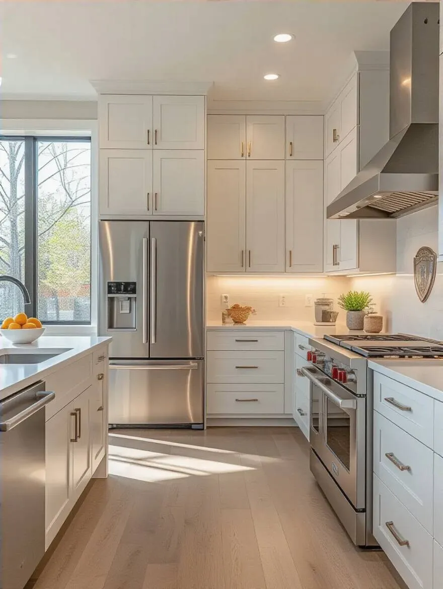Portrait of a modern kitchen with premium appliances and a shield emblem representing extended warranties