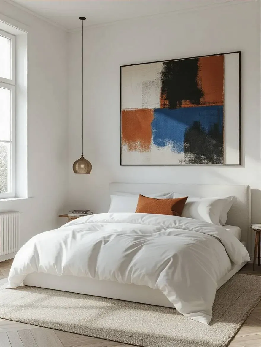 White bedroom with oversized bold artwork providing contrast above the bed
