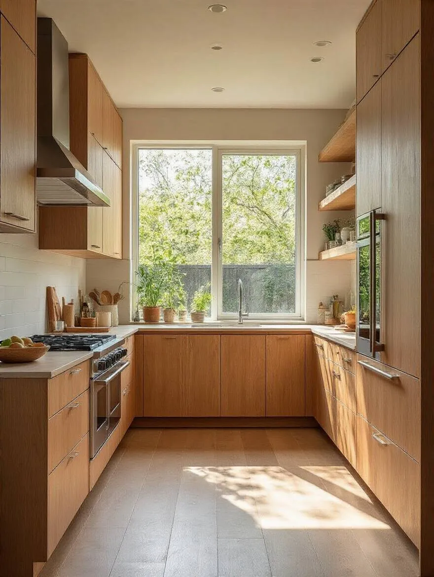 Portrait view of a modern kitchen showcasing eco-friendly cabinetry with integrated features
