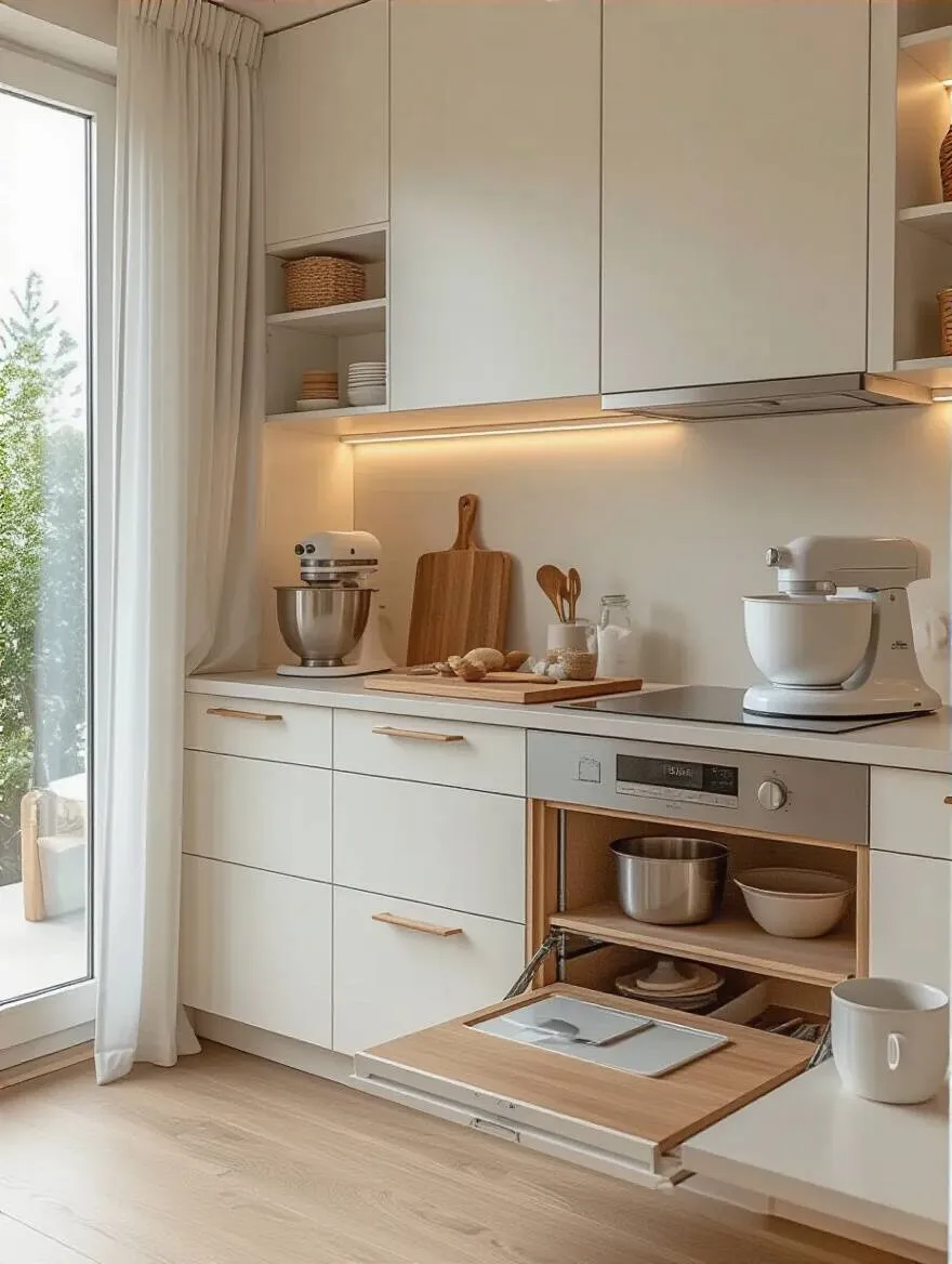 Portrait of a minimalist kitchen with multi-functional furniture and integrated tools