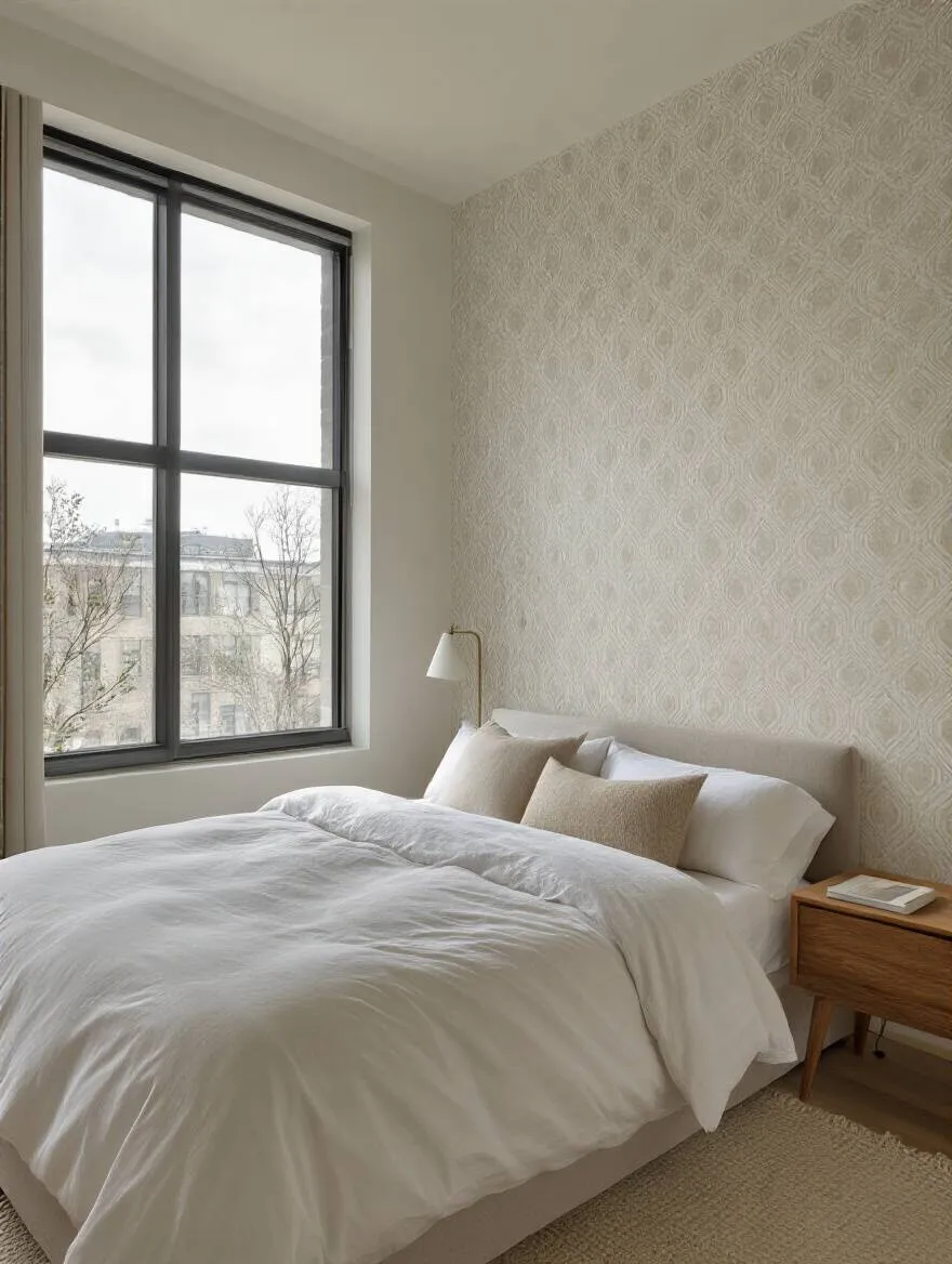 Modern bedroom with a chic accent wall featuring peel-and-stick wallpaper in a geometric pattern, emphasizing easy, damage-free updates for renters.