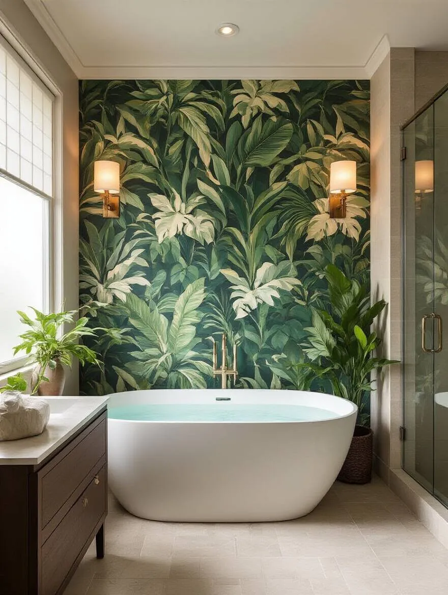 Portrait view of a bathroom with tropical botanical wallpaper behind a freestanding tub