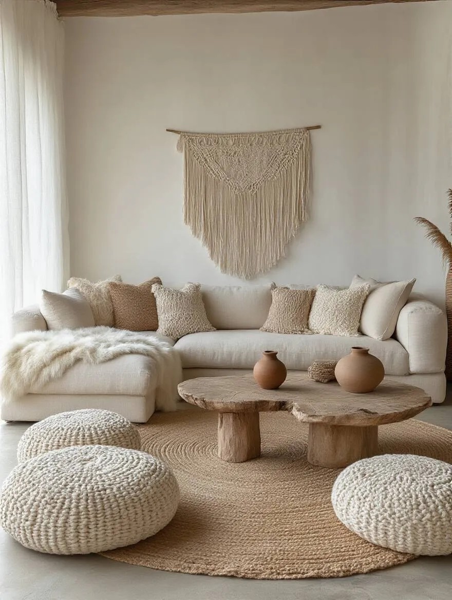 Boho living room featuring a plush, low-slung modular sectional sofa in natural linen, layered with textured throw pillows and a faux fur blanket, on a large jute rug, creating an inviting and grounded atmosphere.