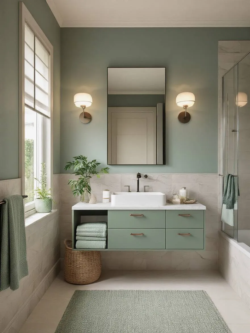 Portrait view of a serene bathroom interior with cohesive color palette