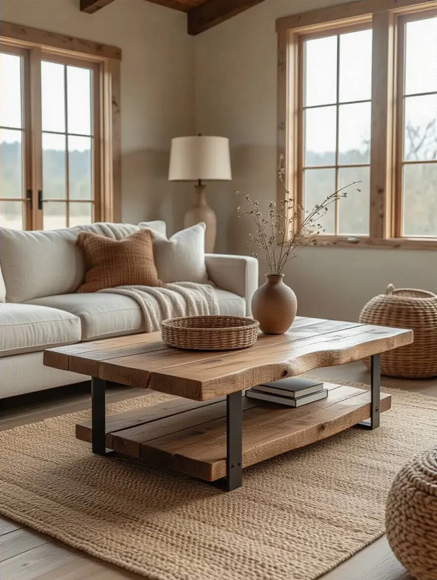 Rustic living room centered around a reclaimed wood coffee table