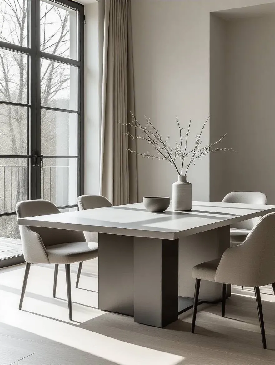 Sleek rectangular contemporary dining table with a grey ceramic top and dark metal legs in a minimalist dining room, emphasizing modern material and shape selection.