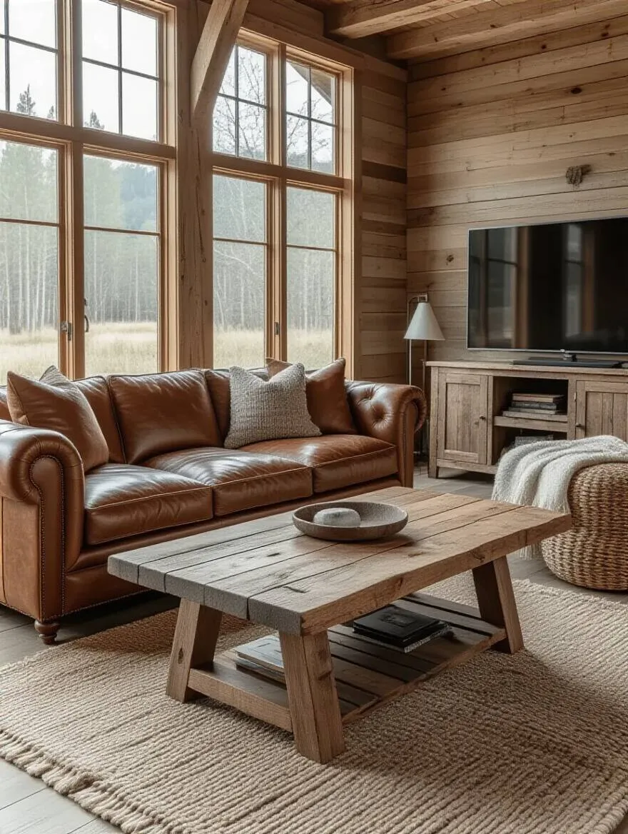 Rustic living room with anchor investment pieces like solid wood coffee table and leather sofa