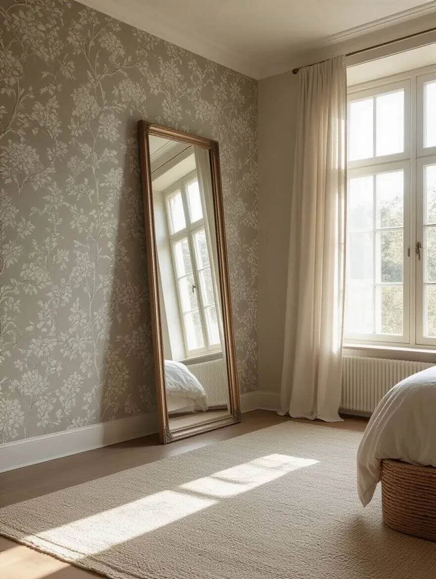 Portrait view of a bedroom featuring a large floor-length mirror strategically placed to reflect patterned wallpaper and natural light, enhancing room depth and brightness.