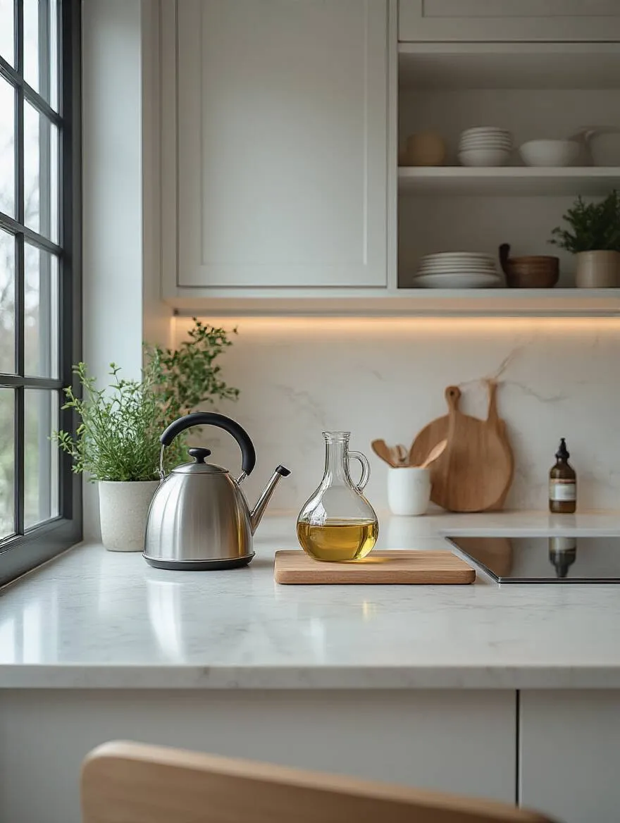 Minimalist kitchen countertop with essential items only