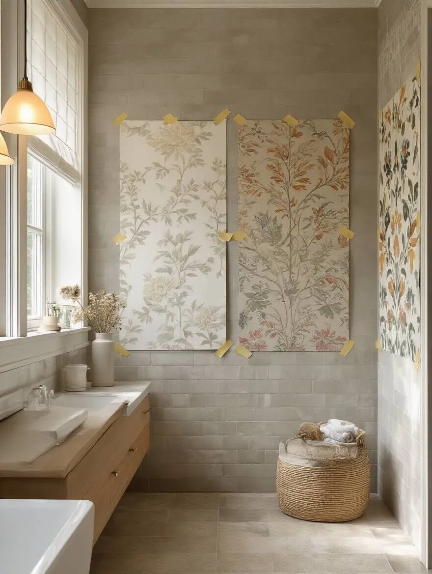 Portrait of a bathroom wall with wallpaper samples taped for lighting and color testing