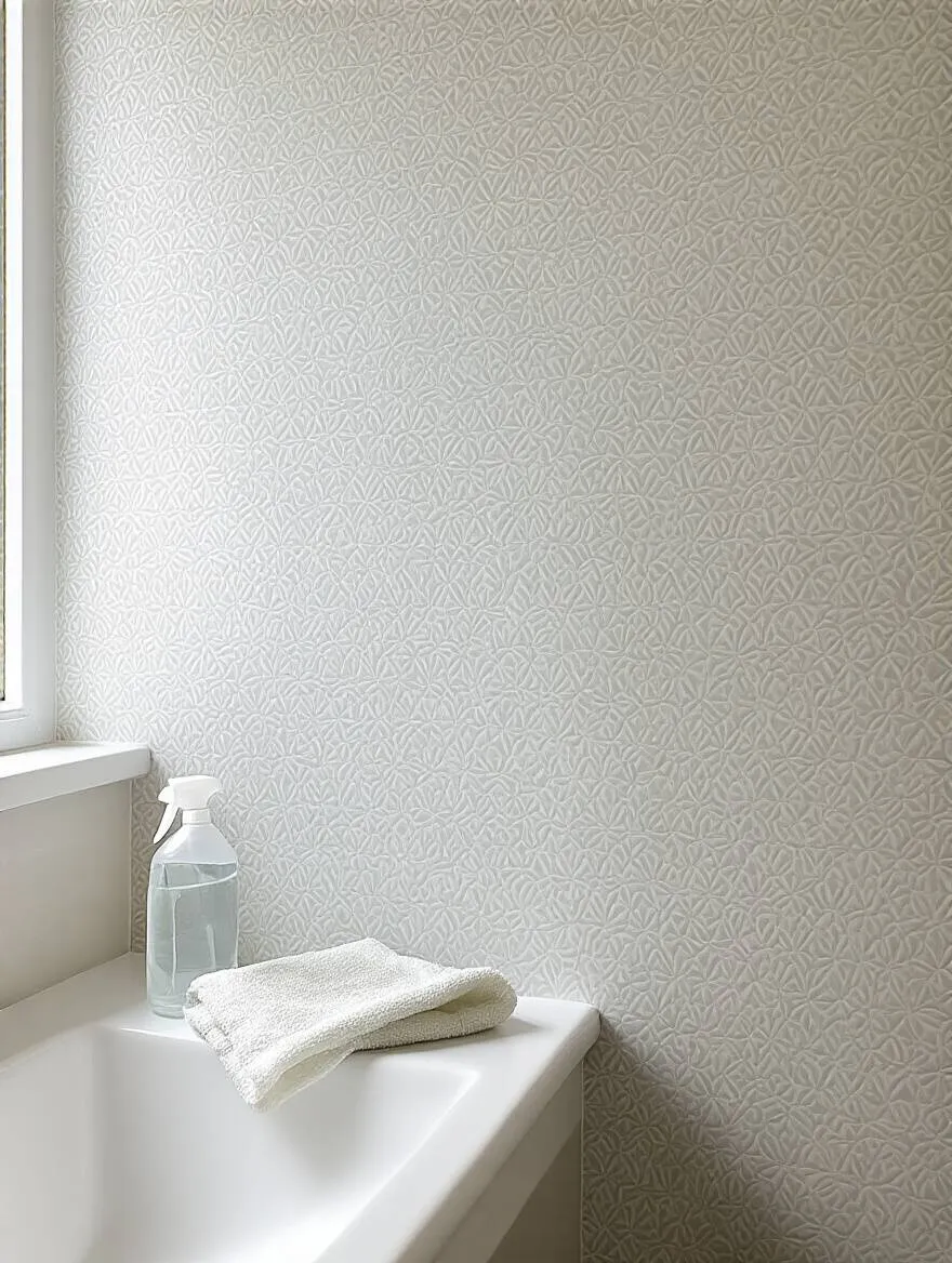 Portrait of a bathroom wallpaper setup with cleaning tools