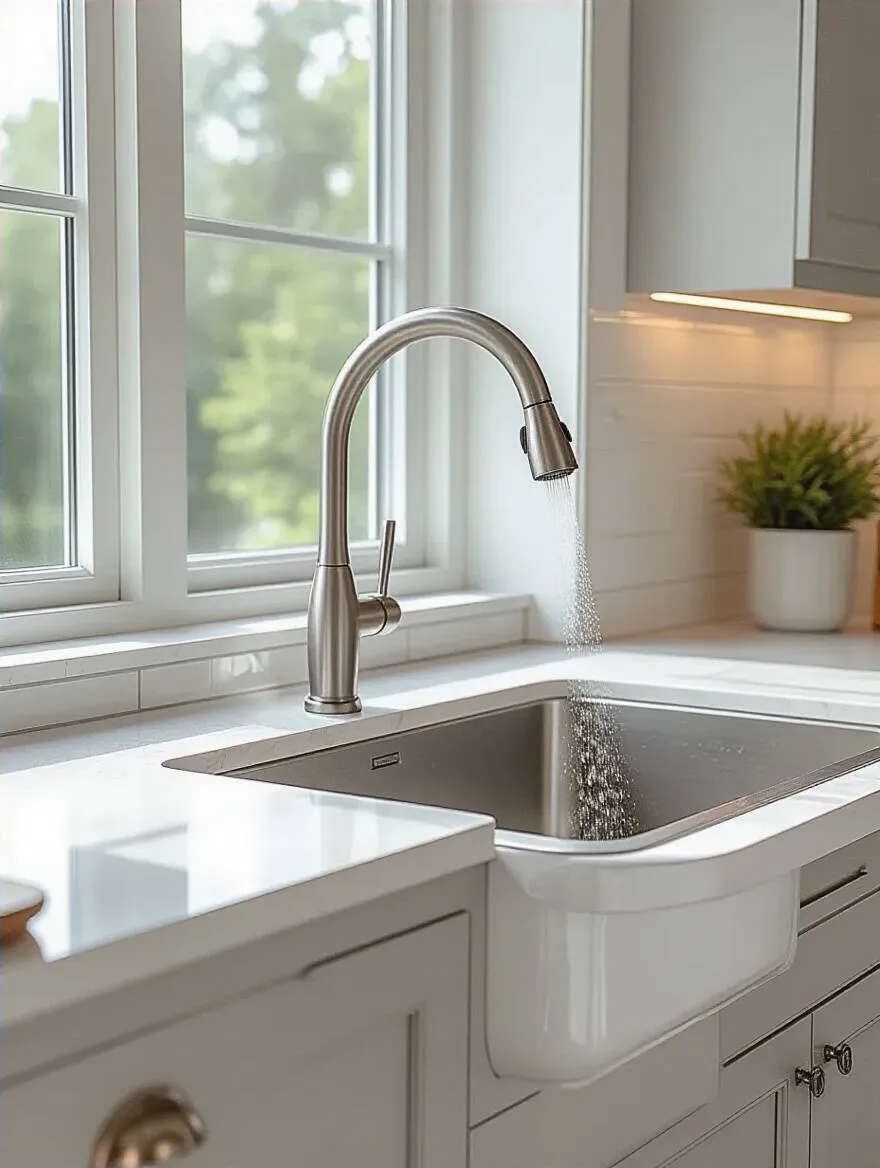 Portrait view of a modern kitchen sink with a water-efficient faucet in a sleek kitchen