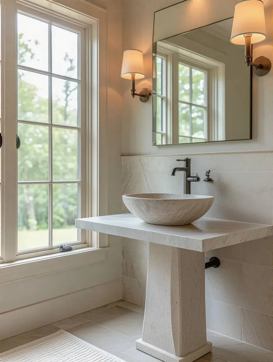 Portrait of a bathroom with a bold vanity as the focal point, warm lighting and minimal decor.