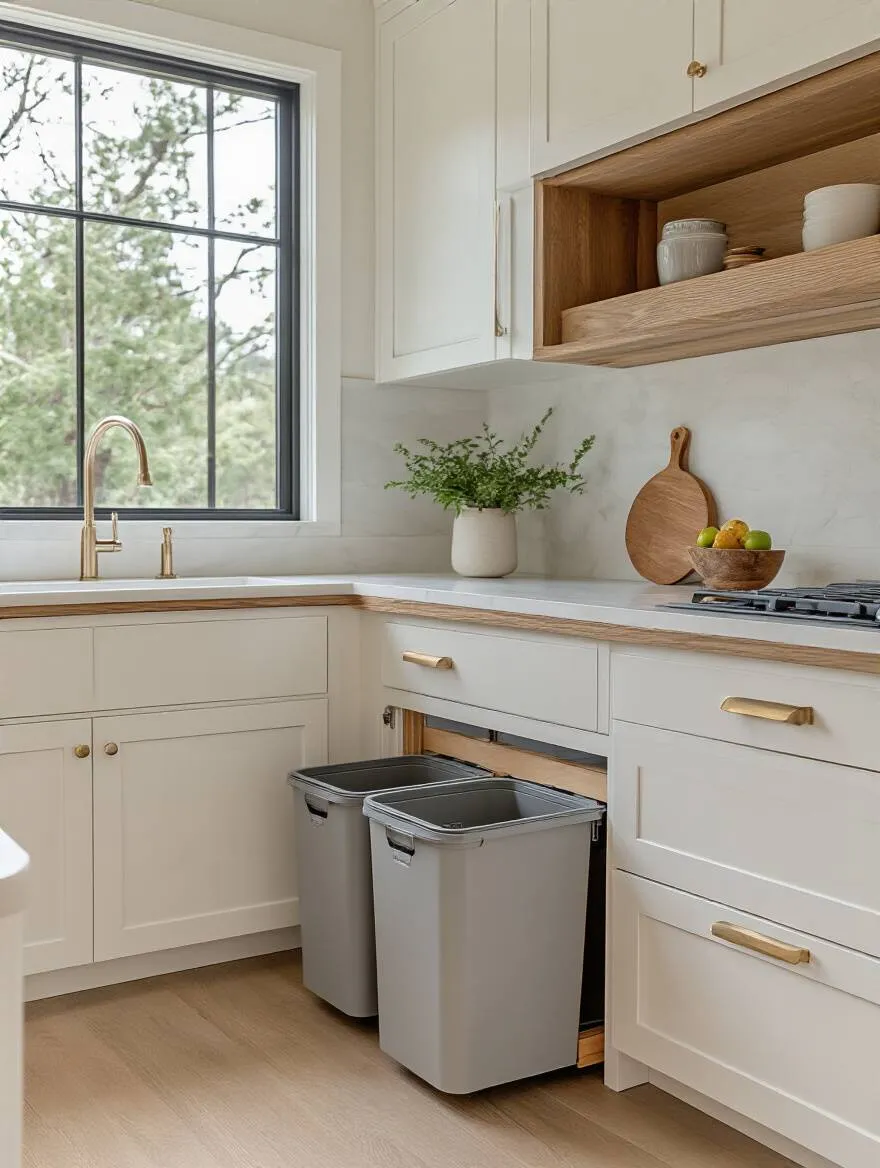 Minimalist kitchen with concealed waste and recycling bins integrated into cabinetry