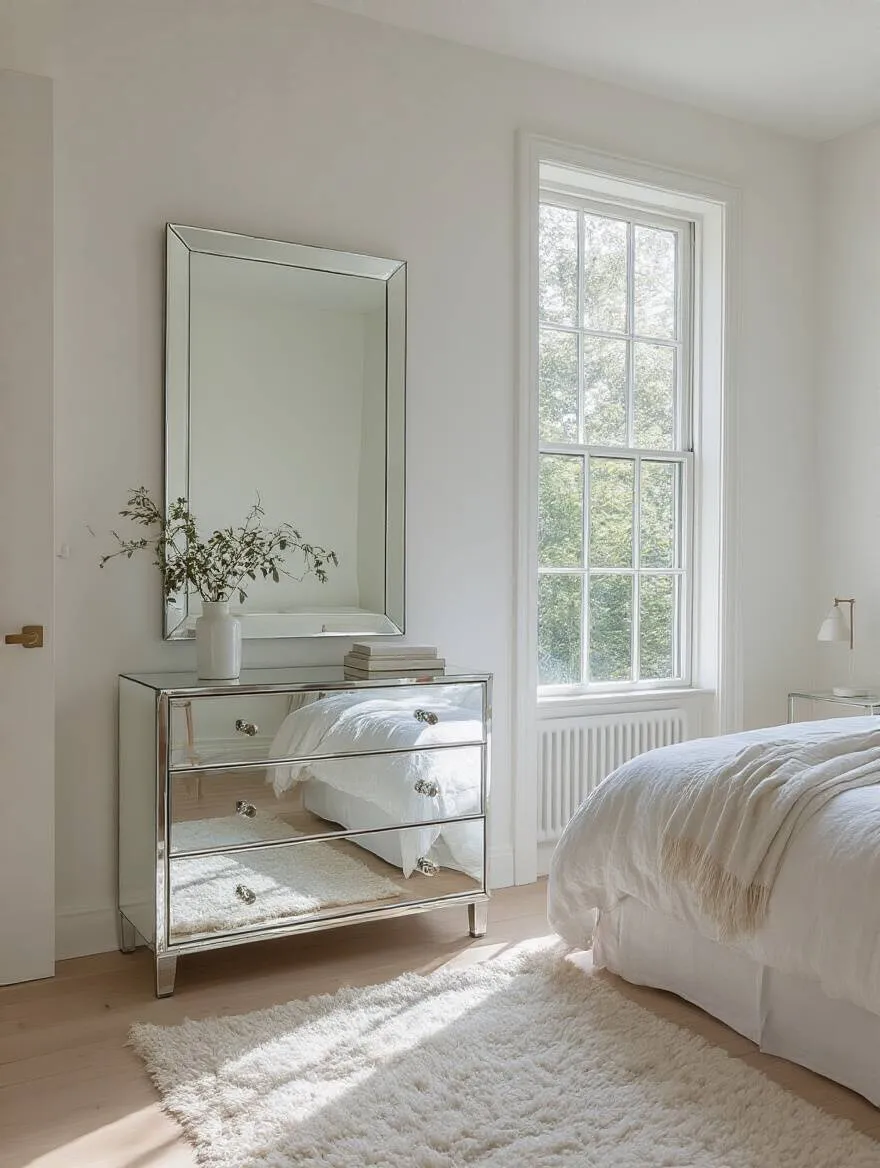 White bedroom with a floor-to-ceiling mirror reflecting daylight across a bright, airy space.