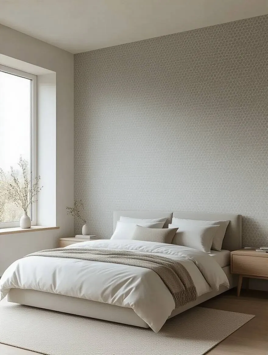 Modern bedroom with subtle light grey hexagonal geometric wallpaper on <a href=