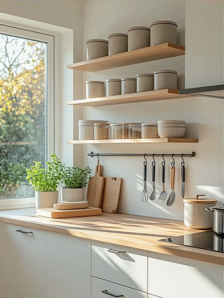 Minimalist kitchen wall with vertical storage and clear countertops