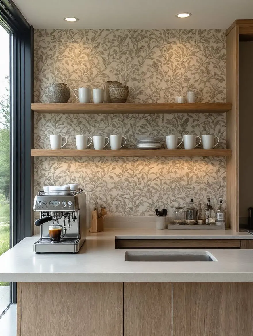 Modern kitchen with patterned wallpaper defining a distinct coffee bar zone, illustrating creative use of kitchen wallpaper for spatial definition.