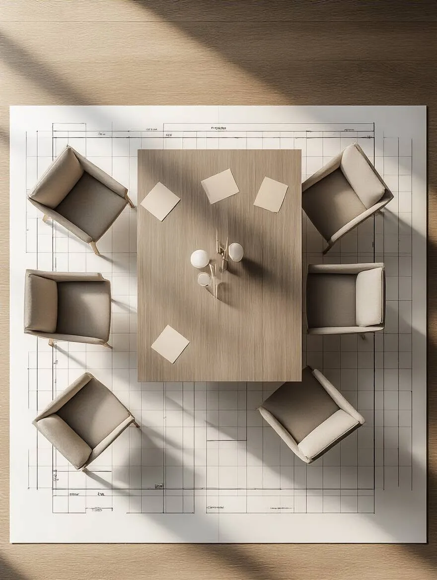 Overhead view of a dining room floor plan with scaled furniture templates on grid paper, demonstrating layout visualization for contemporary dining spaces.