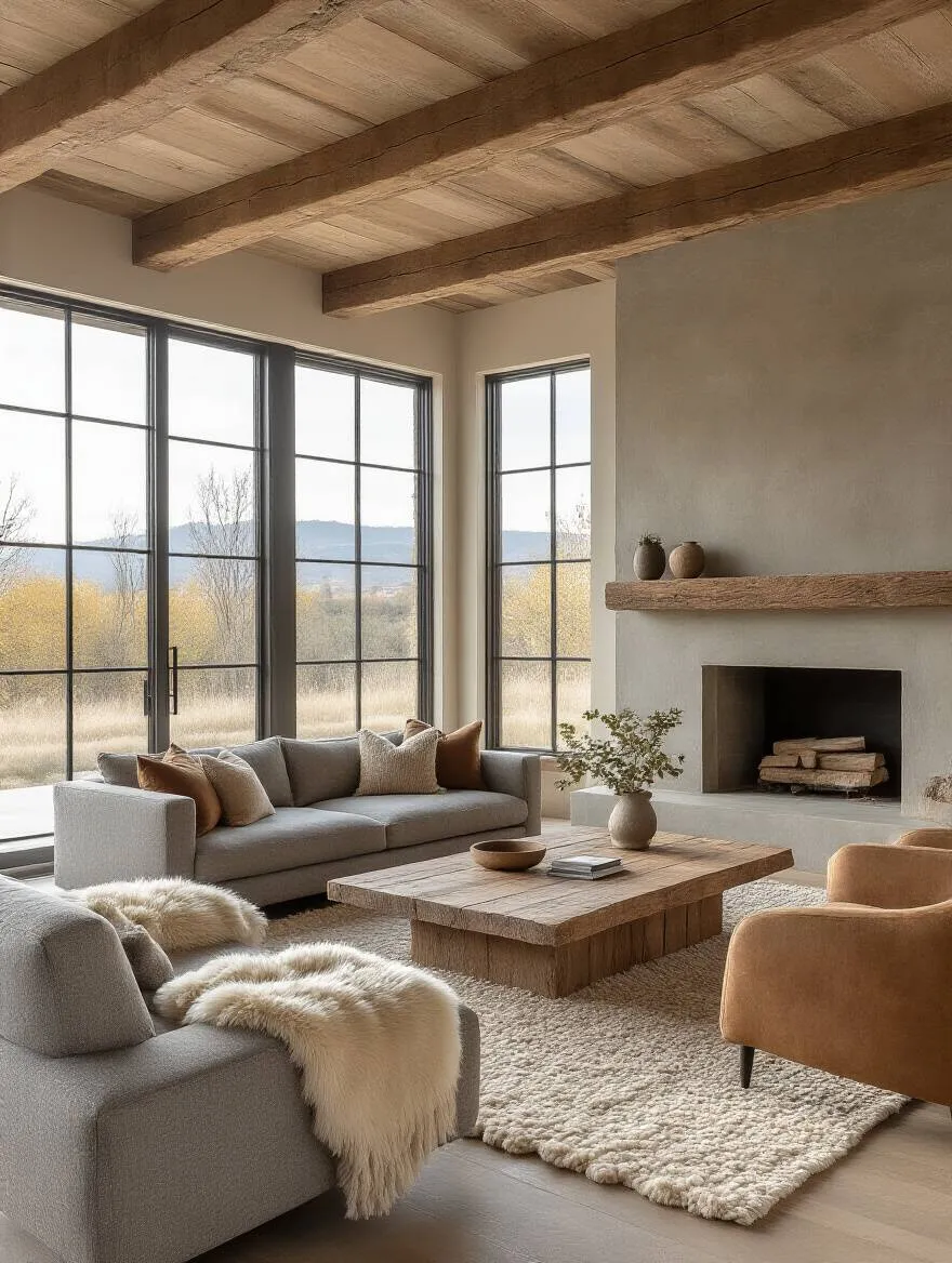 Rustic modern living room with a sleek gray sofa, reclaimed wood coffee table, stone fireplace, and exposed beams under soft golden hour light, showing a blend of old and new design.