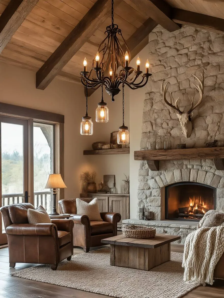 Rustic living room featuring a wrought iron chandelier, mason jar pendant lights, and an antler table lamp, creating a warm and cozy atmosphere.