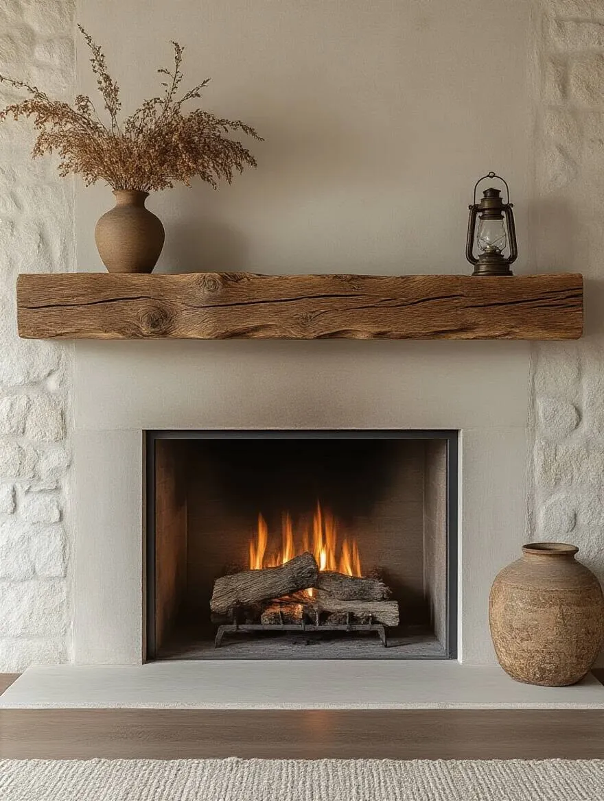 A rustic living room fireplace with a thick, raw-edge reclaimed oak wood mantle, sparsely decorated with dried botanicals and an antique lantern. The image highlights the natural texture and imperfections of the wood.