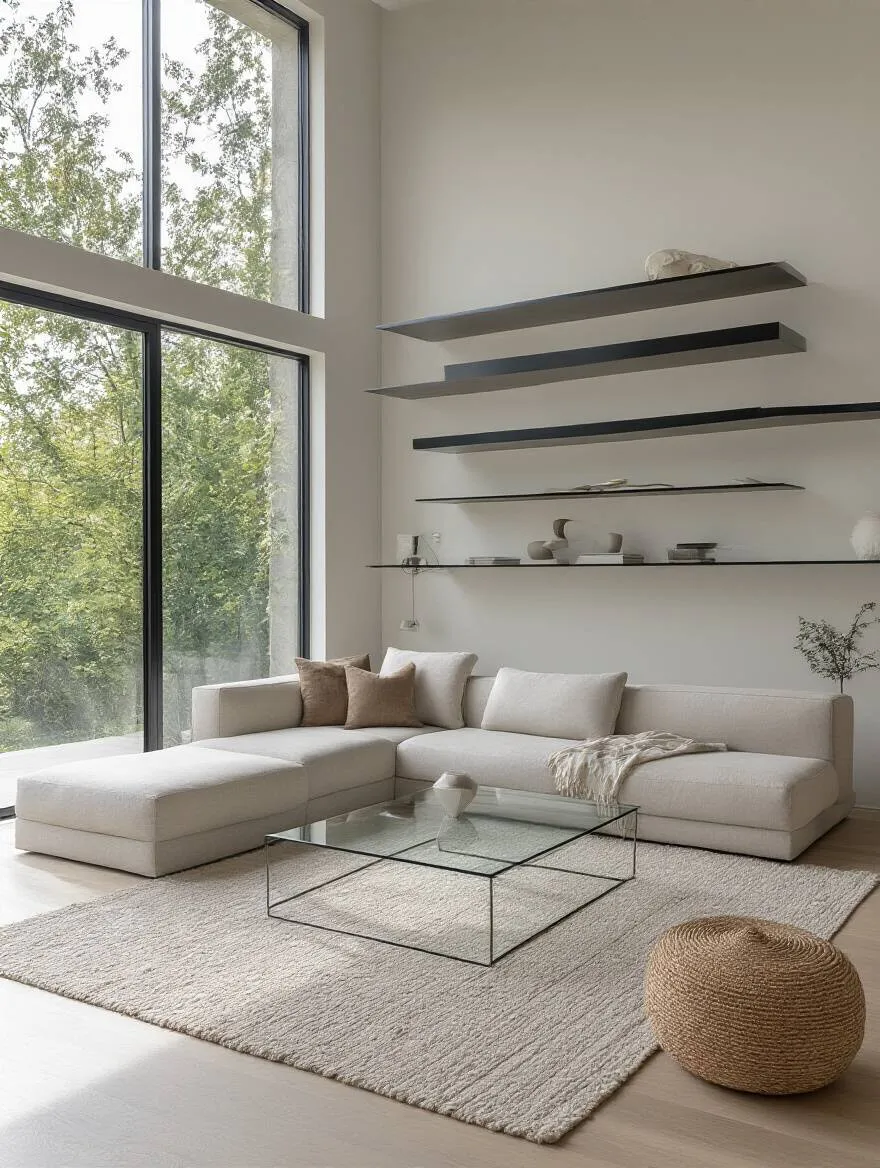 Modern living room with geometric furniture, minimalist decor, clean lines, sleek sofa, and uncluttered design under natural light.