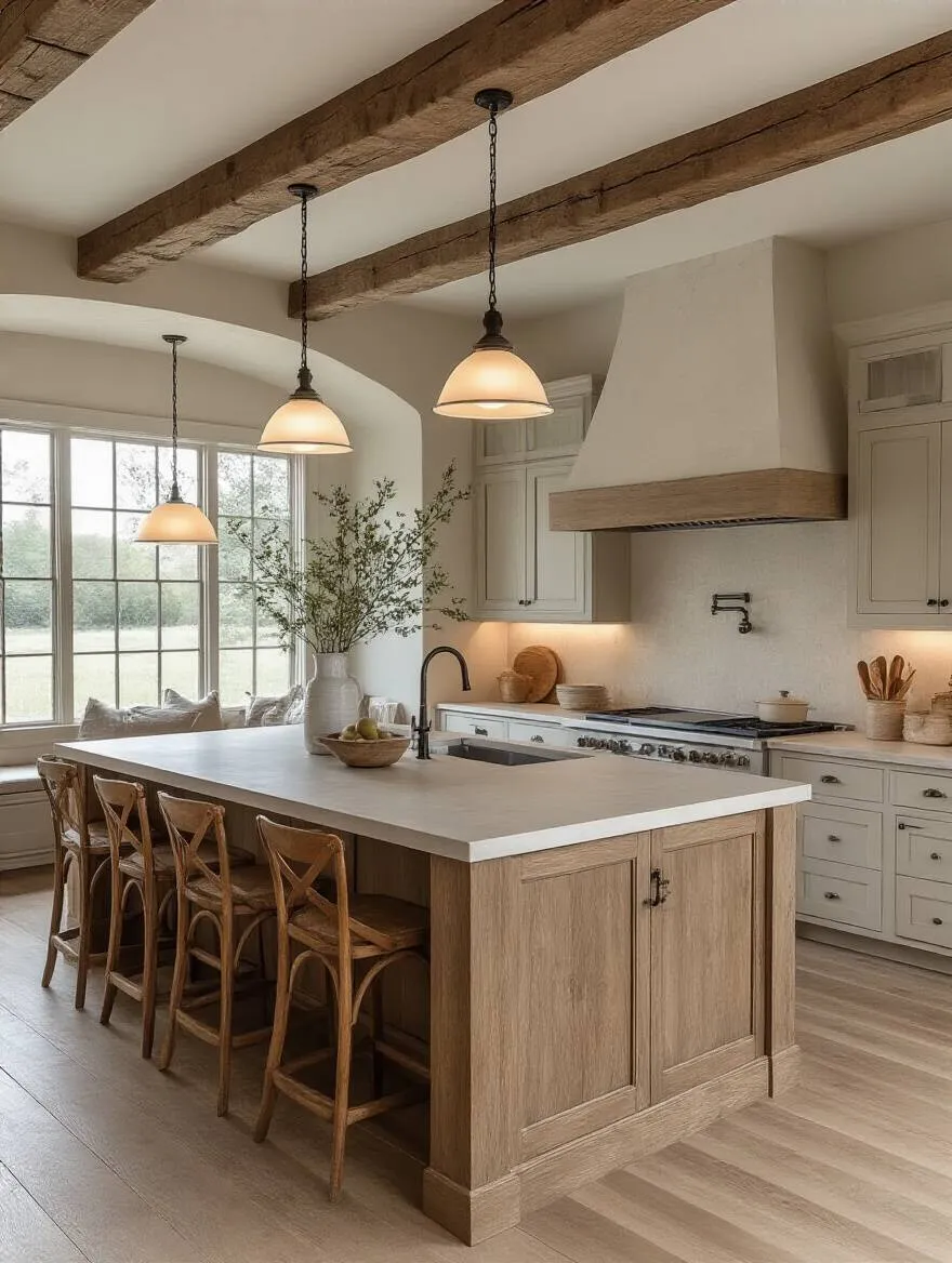 A farmhouse kitchen with integrated smart lighting, showcasing vintage-style pendants and under-cabinet lights casting different color temperatures over a rustic island and dining area.
