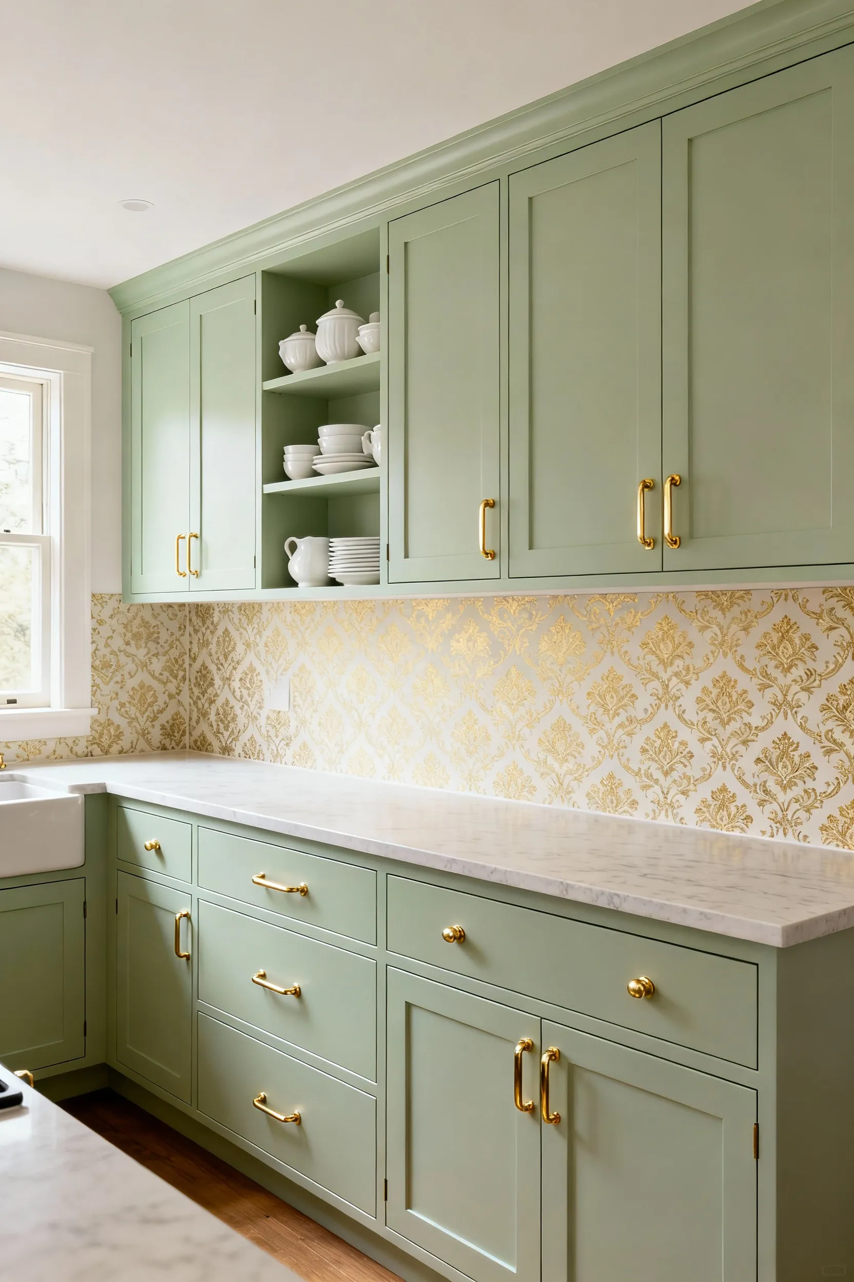 A beautifully coordinated kitchen with sage green cabinets, gold hardware, and a subtle gold patterned backsplash, demonstrating a harmonious color palette for an elevated, budget-friendly design.