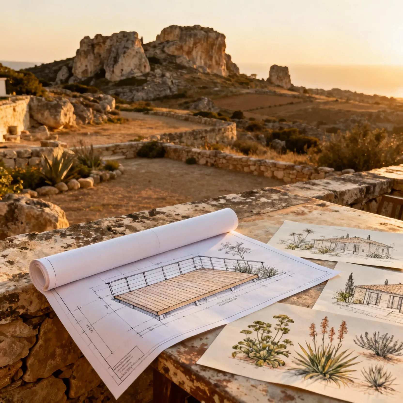 Detailed blueprint for a Mediterranean deck design integrating historical, geological, and environmental provenance analysis into an authentic outdoor oasis.