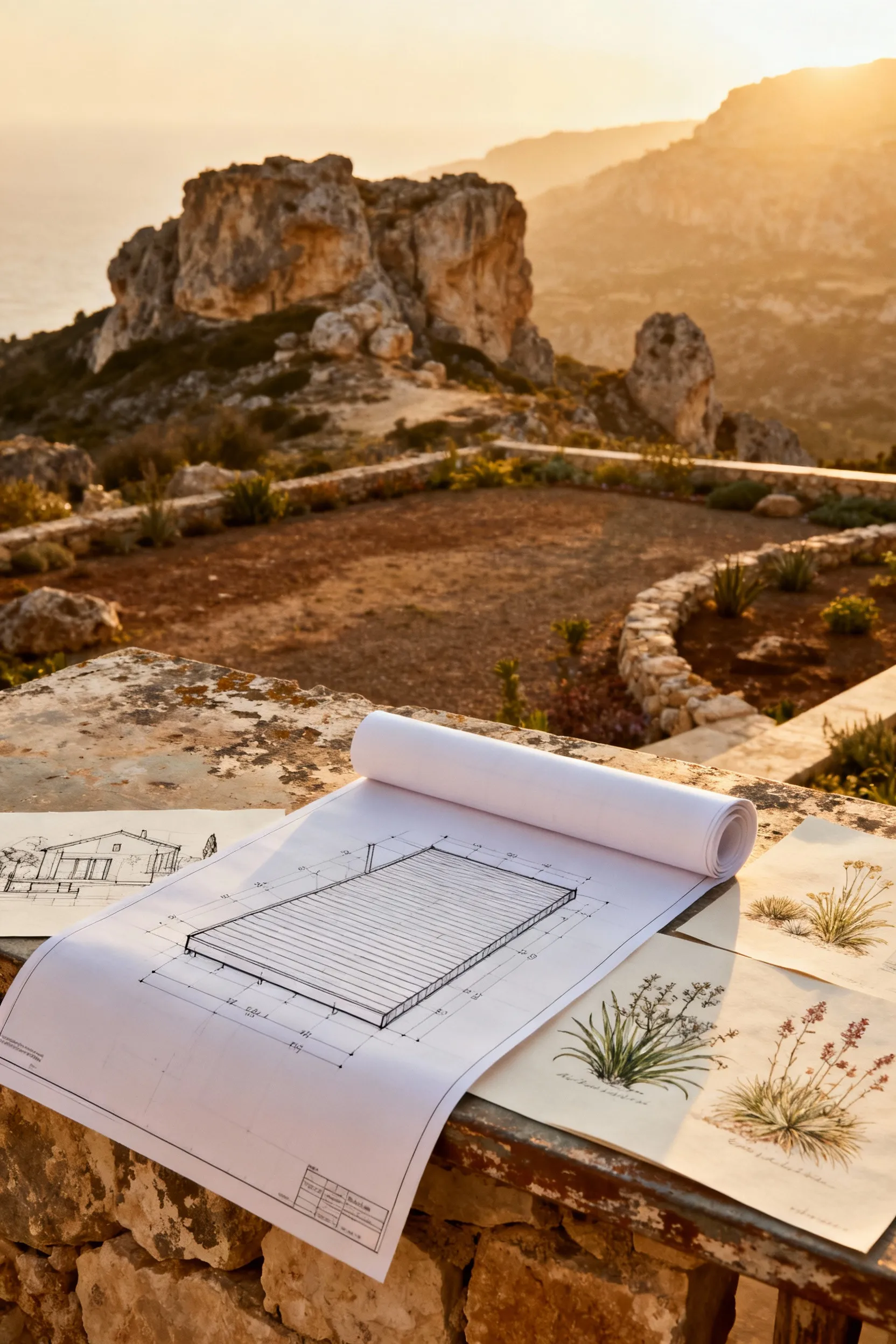 Detailed blueprint for a Mediterranean deck design integrating historical, geological, and environmental provenance analysis into an authentic outdoor oasis.