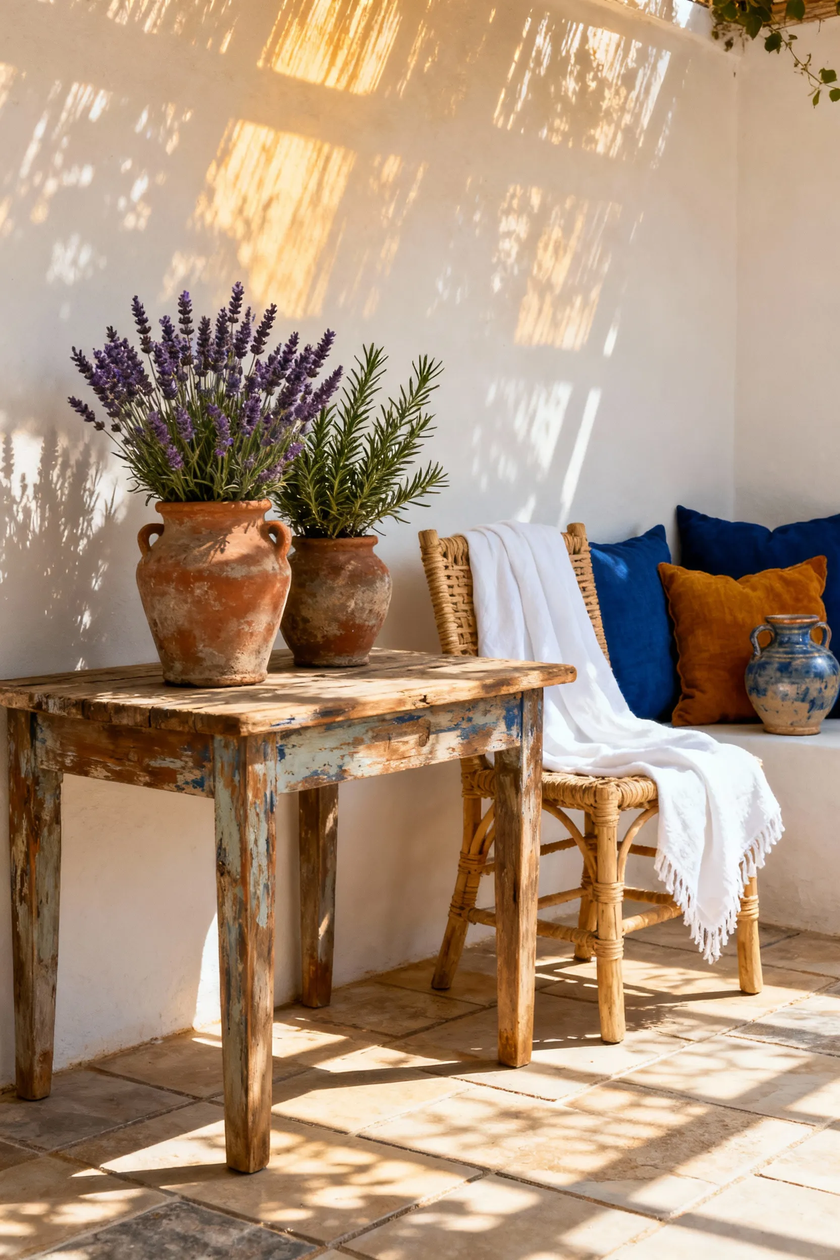 Serene Mediterranean deck featuring distressed wood furniture, terracotta pots, white linen, and a geo-cultural color palette from the Levant under golden hour sunlight, no people.