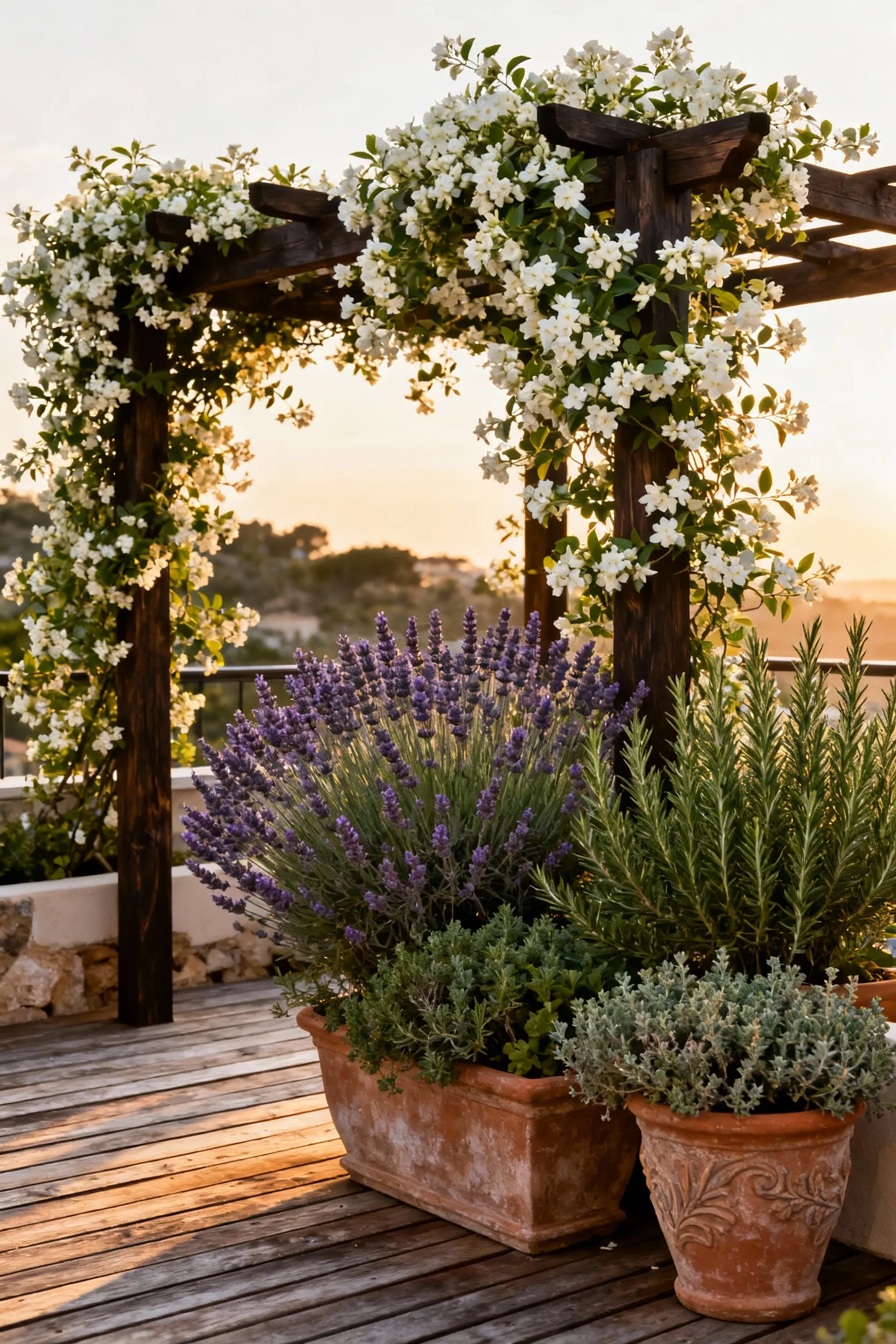Aromatic herbs like lavender and rosemary in terracotta planters on a sunlit Mediterranean deck, with jasmine vines climbing a dark wood trellis, creating a fragrant and serene outdoor space.