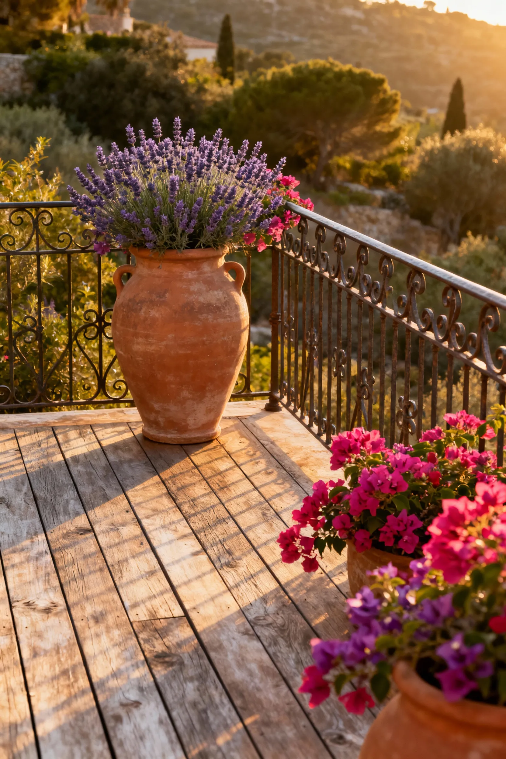 Mediterranean deck with large terracotta planters filled with lavender and bougainvillea, elegant wrought-iron railings, sunny outdoor living space.