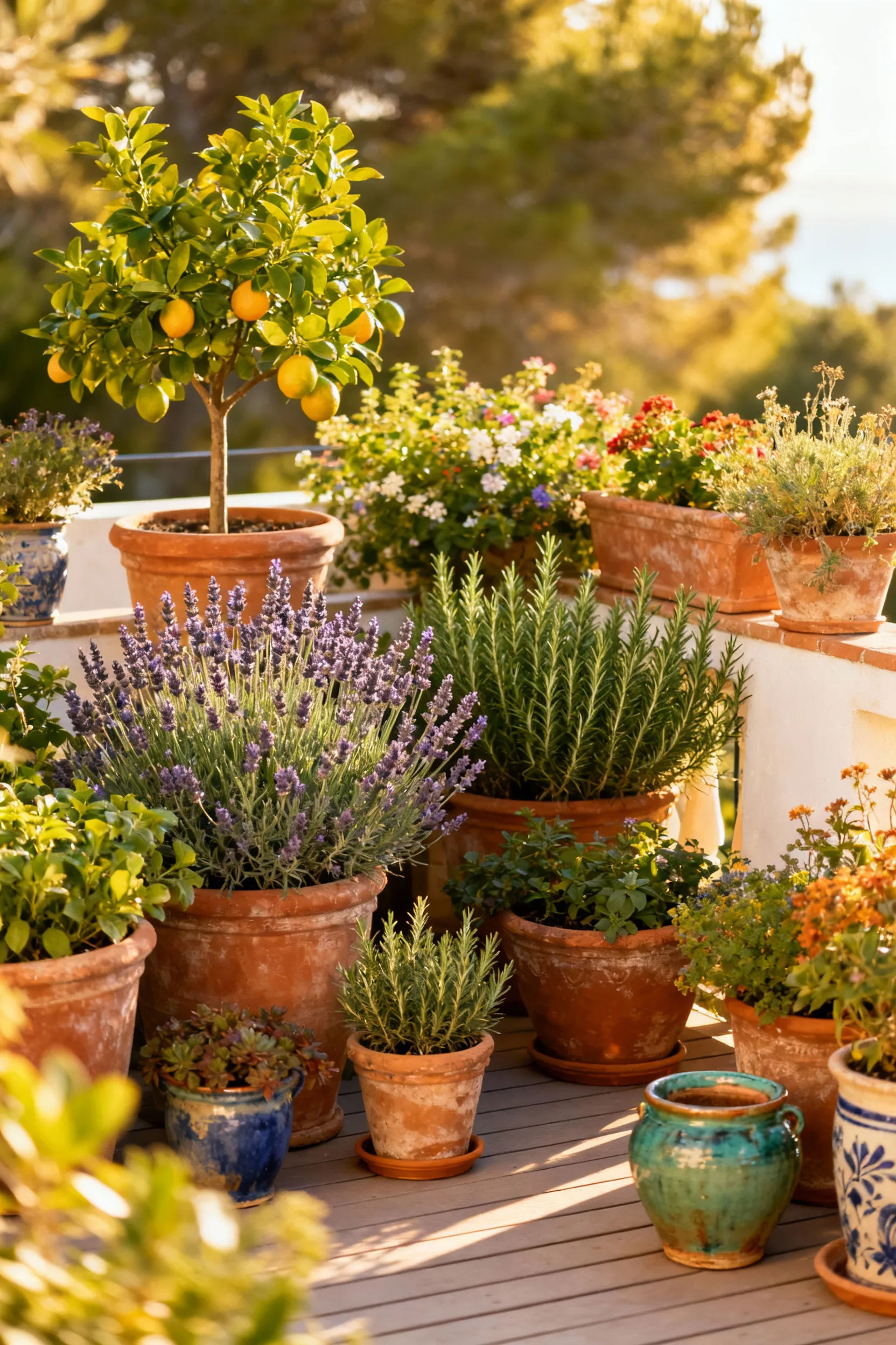 A beautiful Mediterranean deck with potted plants in a cyclical botanical rotation, showcasing vibrant seasonal interest and fresh greenery.