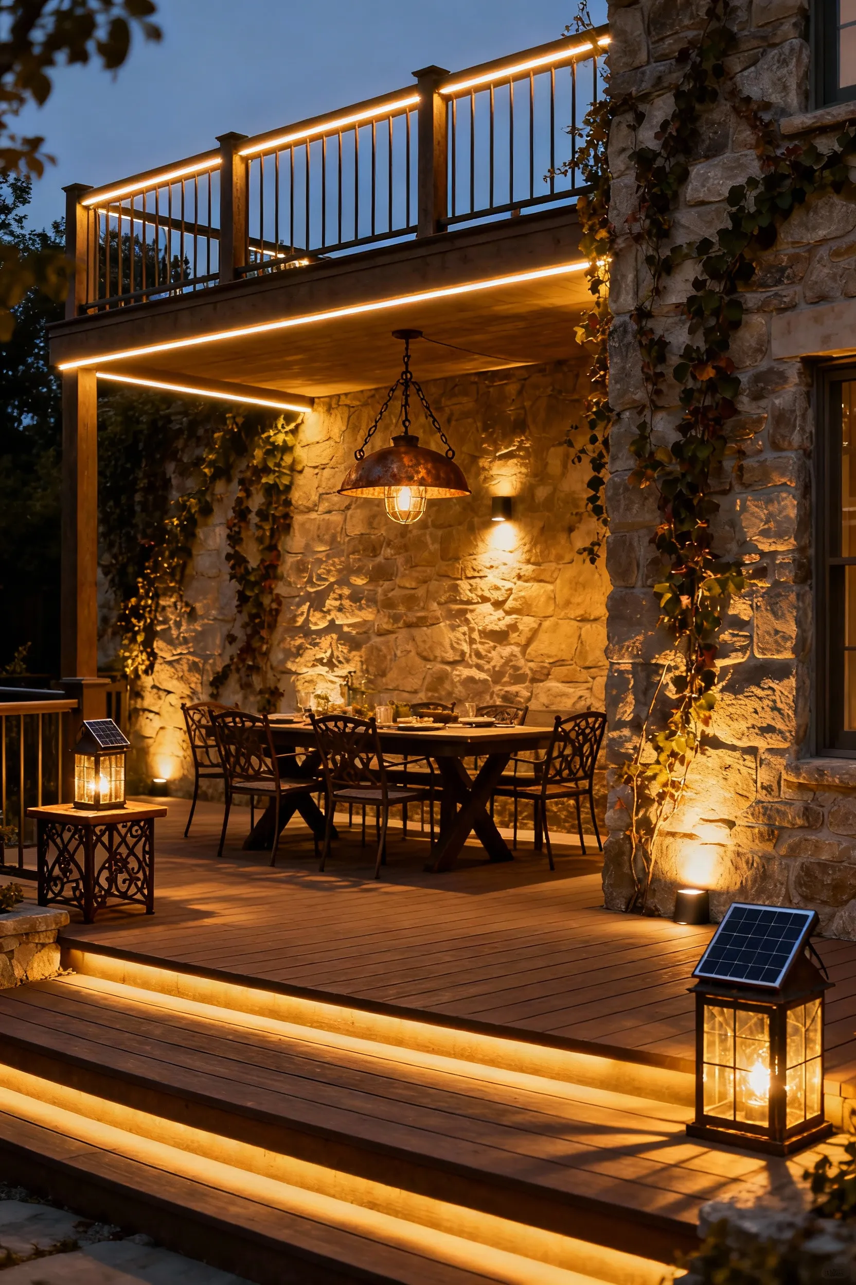 Mediterranean deck at twilight showcasing warm tiered lighting with LED strips under railings, decorative pendants over dining, and subtle uplights, creating a cozy evening ambiance.