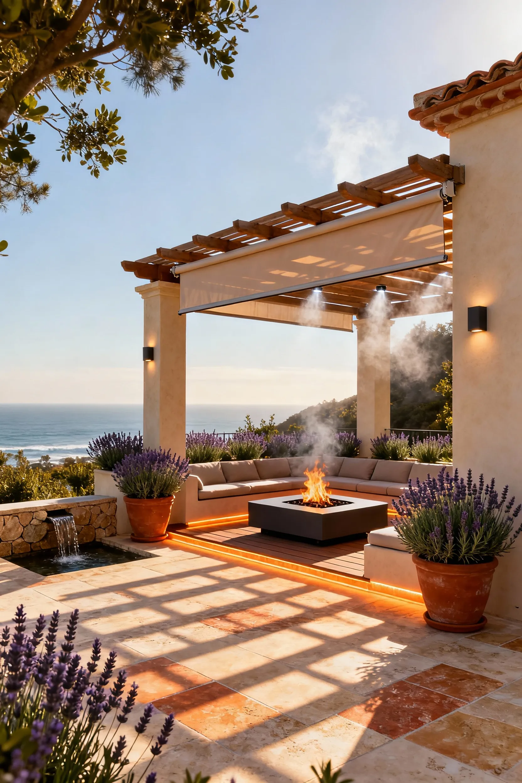 Mediterranean deck with retractable pergola, subtle heating and cooling systems, and fragrant plants for year-round environmental comfort.