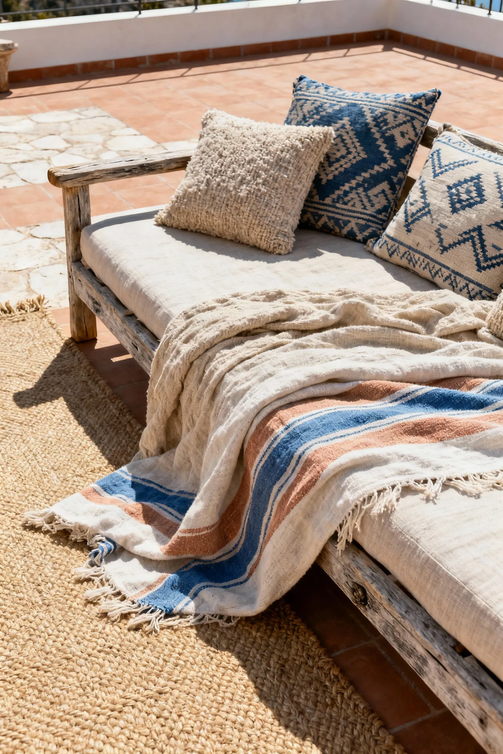 A Mediterranean deck lounge area featuring layered artisanal textiles including a jute rug, striped cotton throw, wool pillows, and a Moroccan kilim on a weathered teak daybed, all under soft diffused lighting.