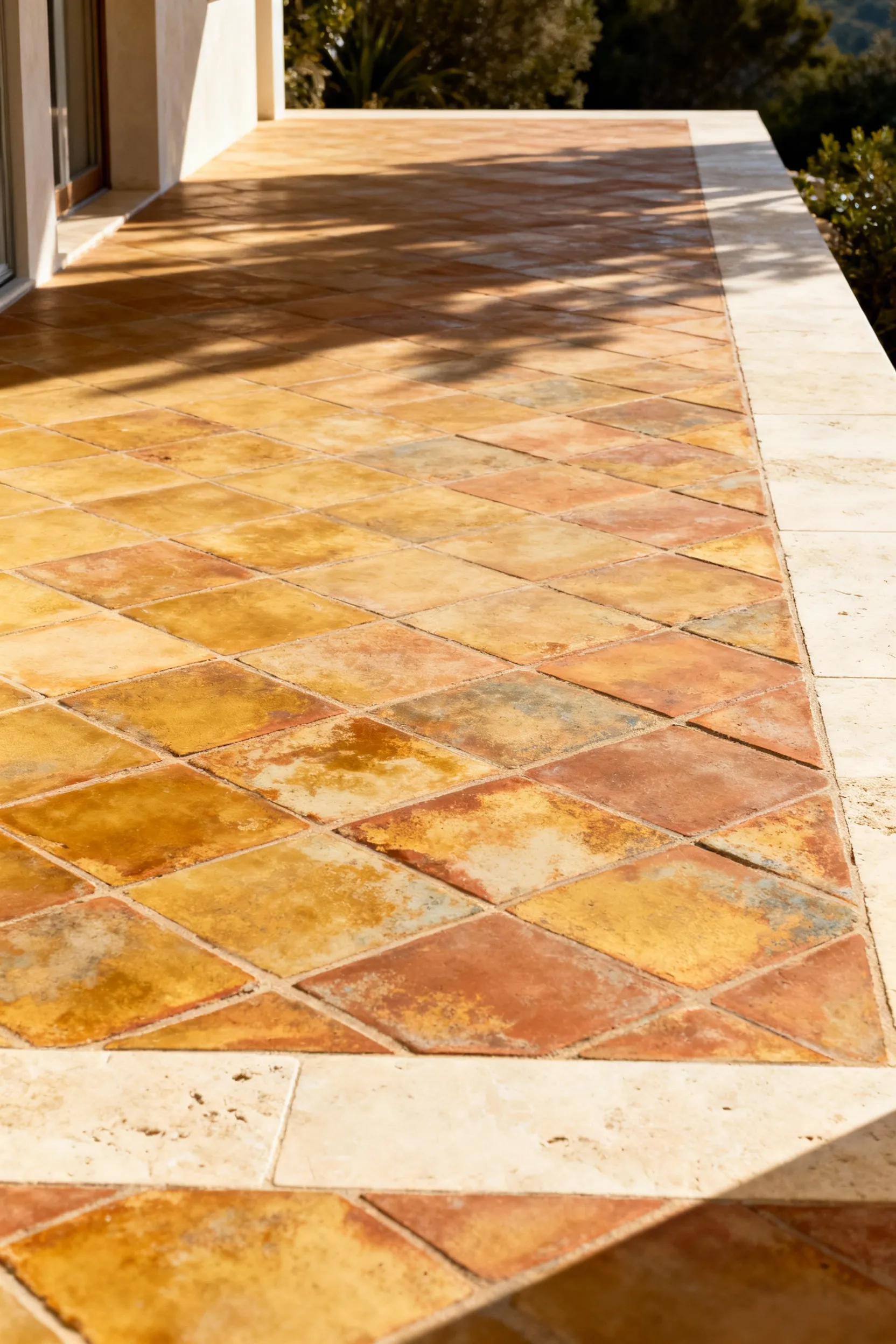 Mediterranean deck with aged terracotta tiles and pale limestone borders, showcasing durable and aesthetically authentic terroir-driven material selection.
